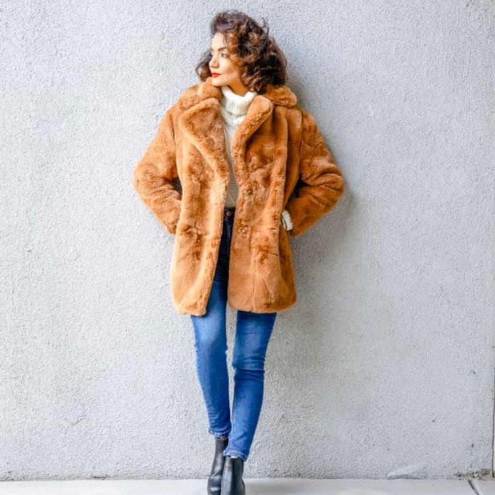 Brand New Faux Fur Camel Medium Snap Closure Coat